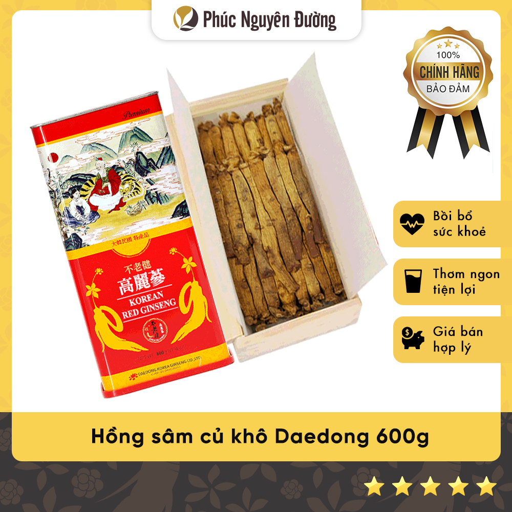 Hộp Hồng sâm khô nguyên củ Daedong Korea 6 năm tuổi - 600 Grams
