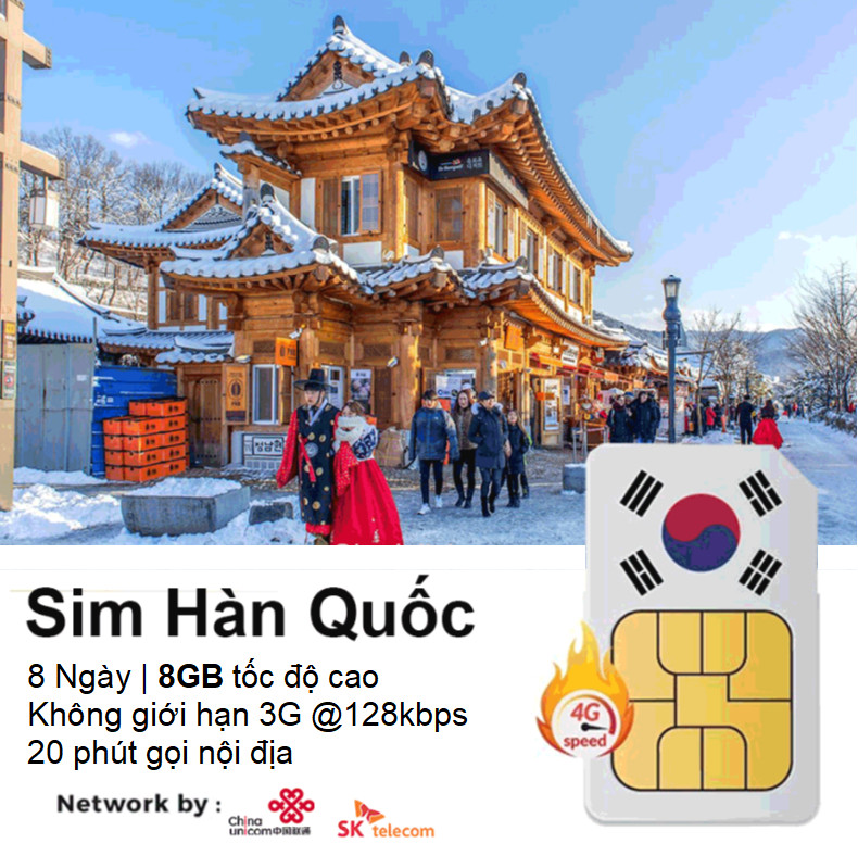 Sim 4G Hàn Quốc 8 ngày, 8GB Data tốc độ cao, Không giới hạn Data tốc độ thường, 20 phút thoại