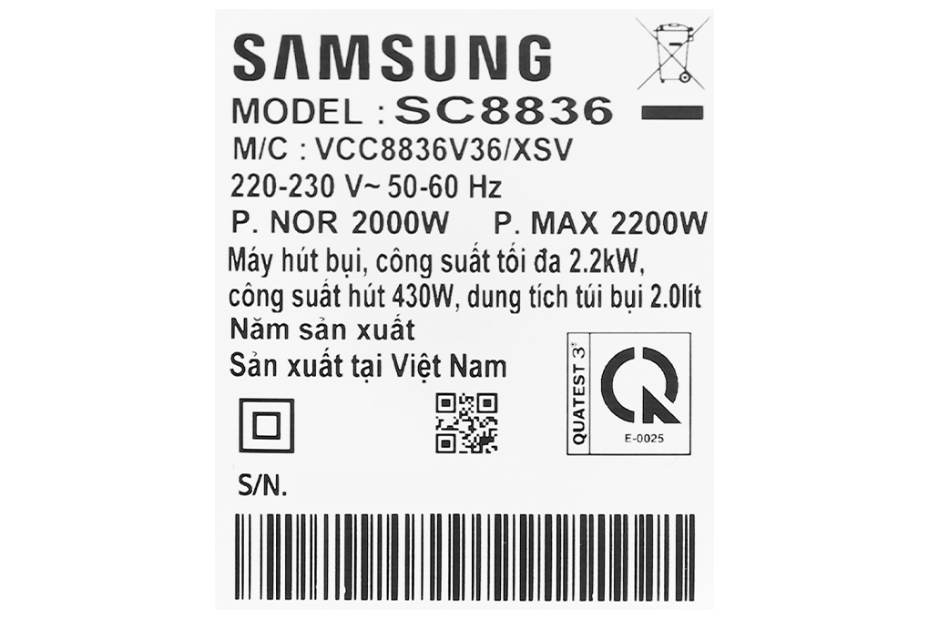 Máy hút bụi Samsung VCC8836V36/XSV - Hàng chính hãng