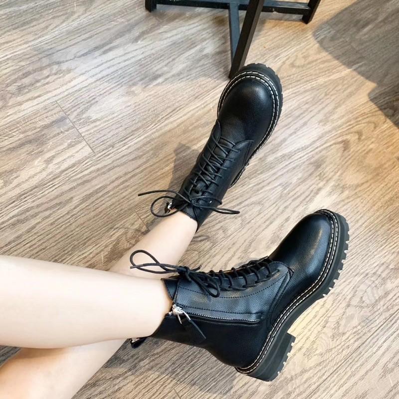 Boots dáng combat cổ ôm da mềm cao cấp màu đen và kem