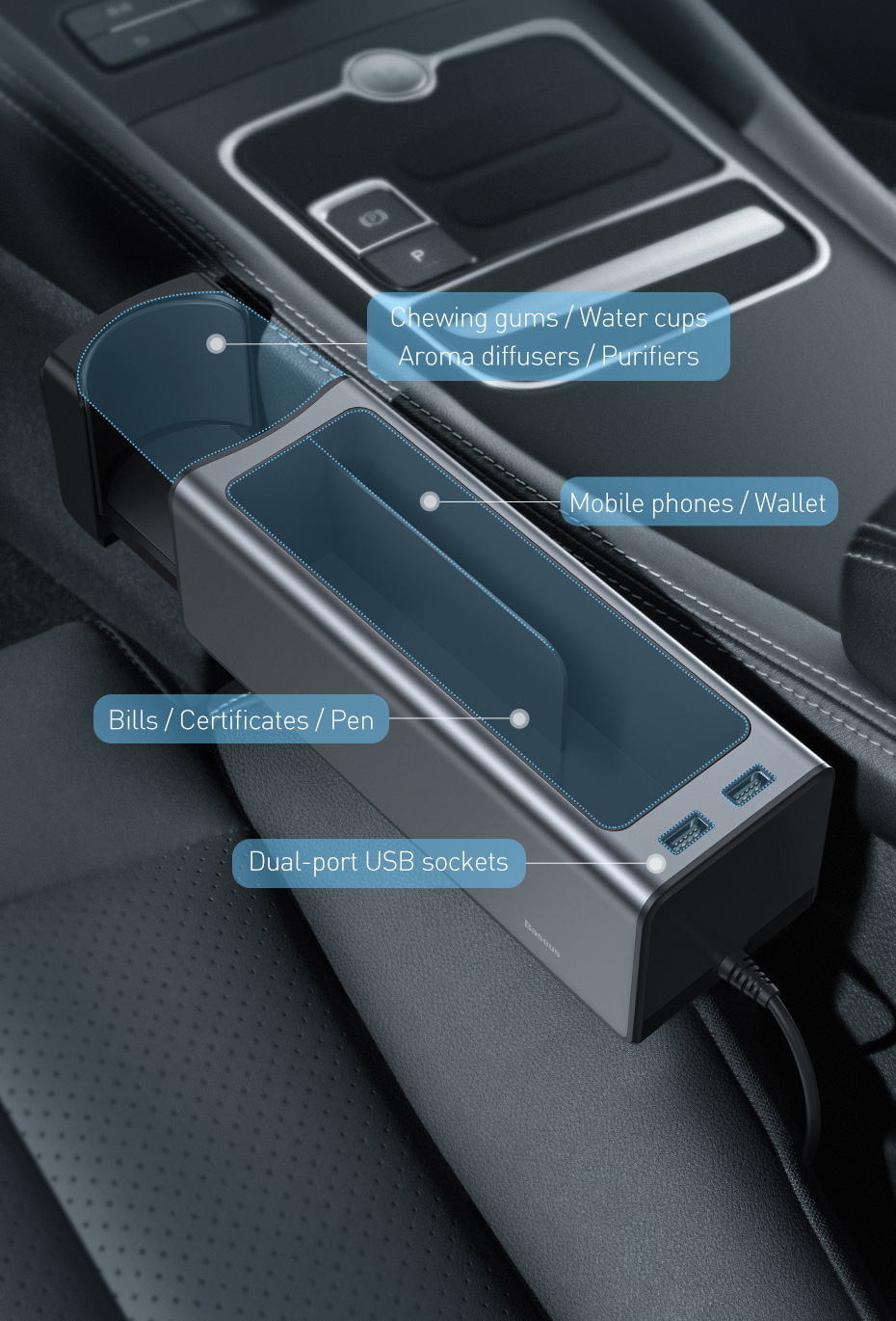 Ngăn chứa đồ tiện dụng tích hợp Dock sạc USB dùng trên xe hơi Baseus Deluxe Metal Armrest Console Organizer