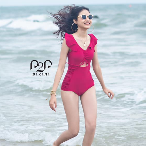 P2P BIKINI - Monokini tay bèo rút dây ngực cut out hồng cánh sen - MN370M_TB1