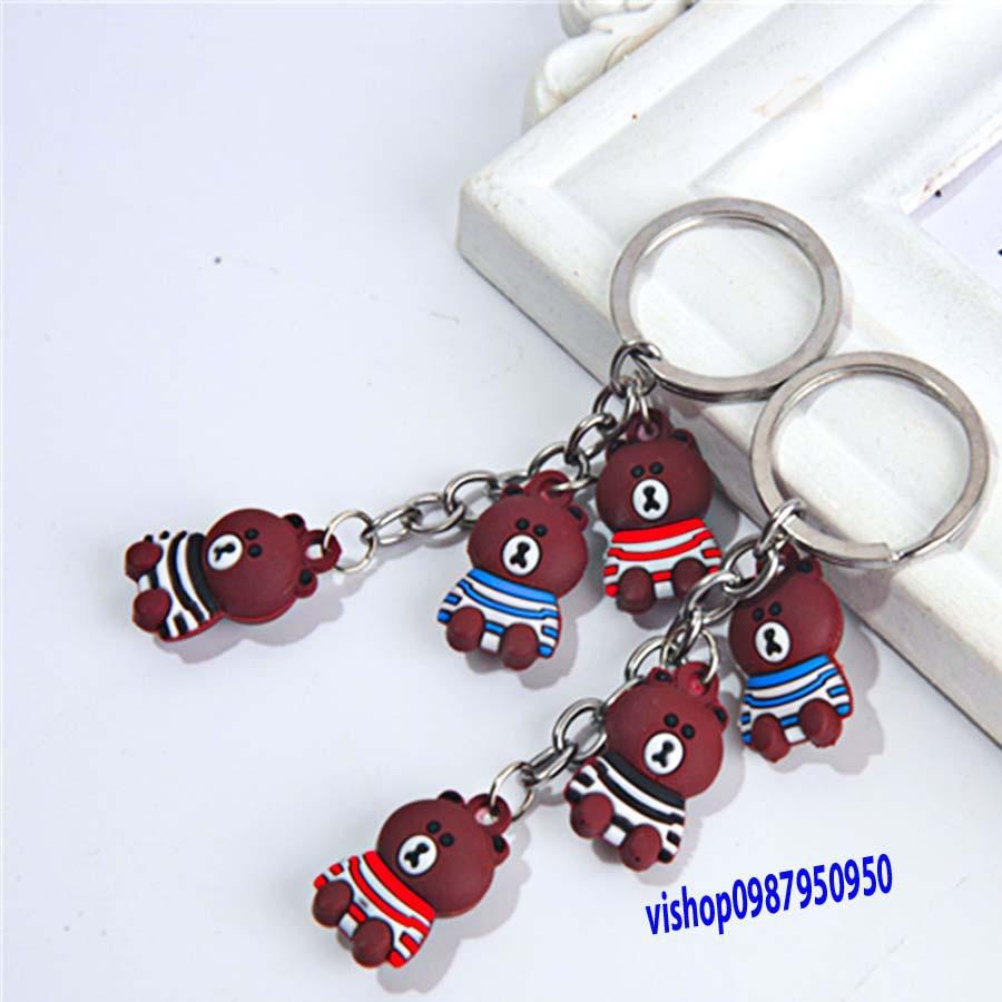 Móc khóa hình gấu buồn ngồi mặc áo sọc-Móc Khoá Gấu Nâu Gấu Brown