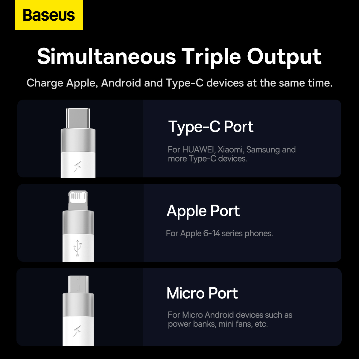 Cáp sạc 3 đầu Baseus StarSpeed 1 for 3 Fast Charging Data Cable USB to M+L+C 3.5A - Hàng chính hãng