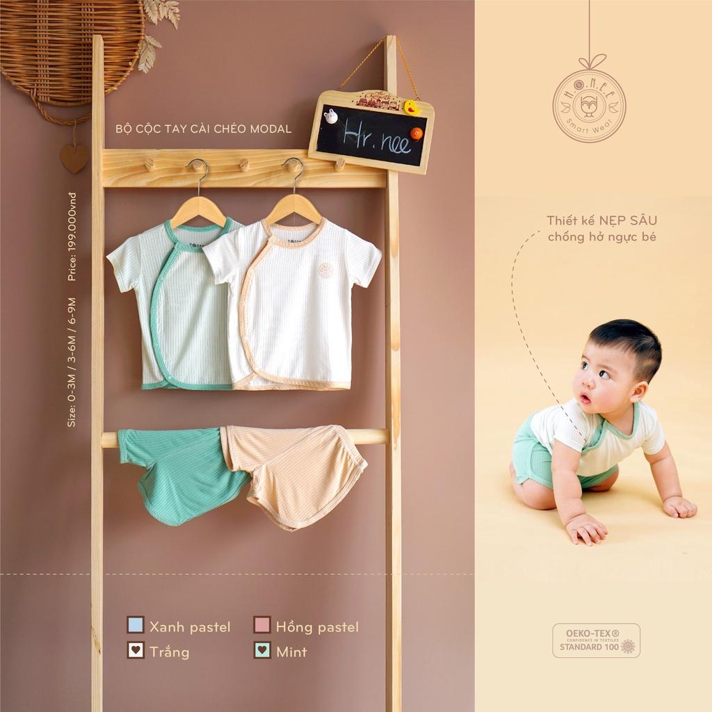 Bộ cộc tay cài chéo sơ sinh Modal gỗ sồi Hrnee cho bé 0m - 9m