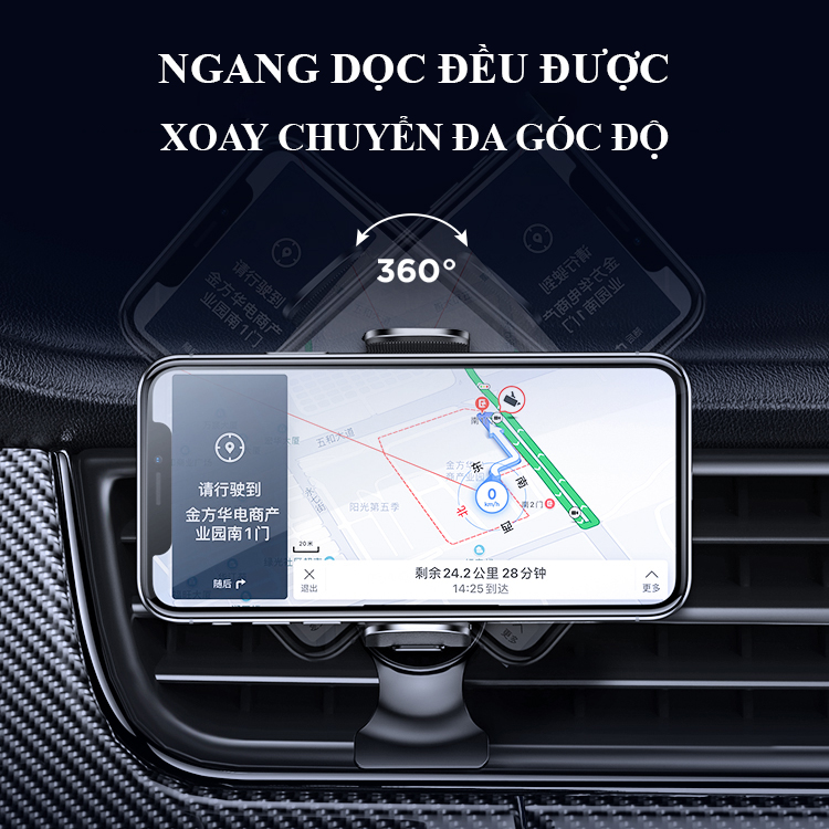 Giá Đỡ Điện Thoại Xe Hơi Ô Tô Hợp Kim Nhôm - Nút Ấn Thông Minh - Tư Do Xoay Chuyển 360 Độ - Kẹp Cánh Thông Gió Điều Hòa Hoặc Dùng Đế Hit Kèm Theo - Mini Nhỏ Gọn Tiện Lợi - Hàng Chính Hãng