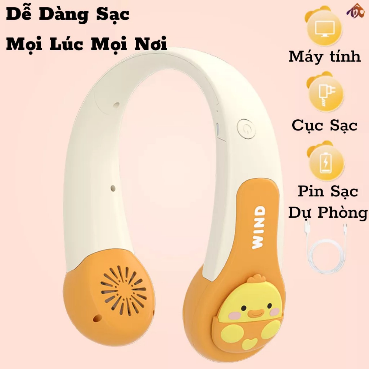 Quạt đeo cổ không cánh hình thú WIND 3D, Quạt mini cute sạc tích điện USB 3 cấp độ gió cao câp siêu êm