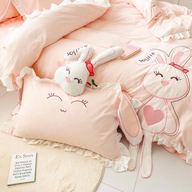 Bộ Chăn Ga Gối Cotton Linen Disney Hàng Nhập Khẩu Cao Cấp 5 Món Thỏ Hồng