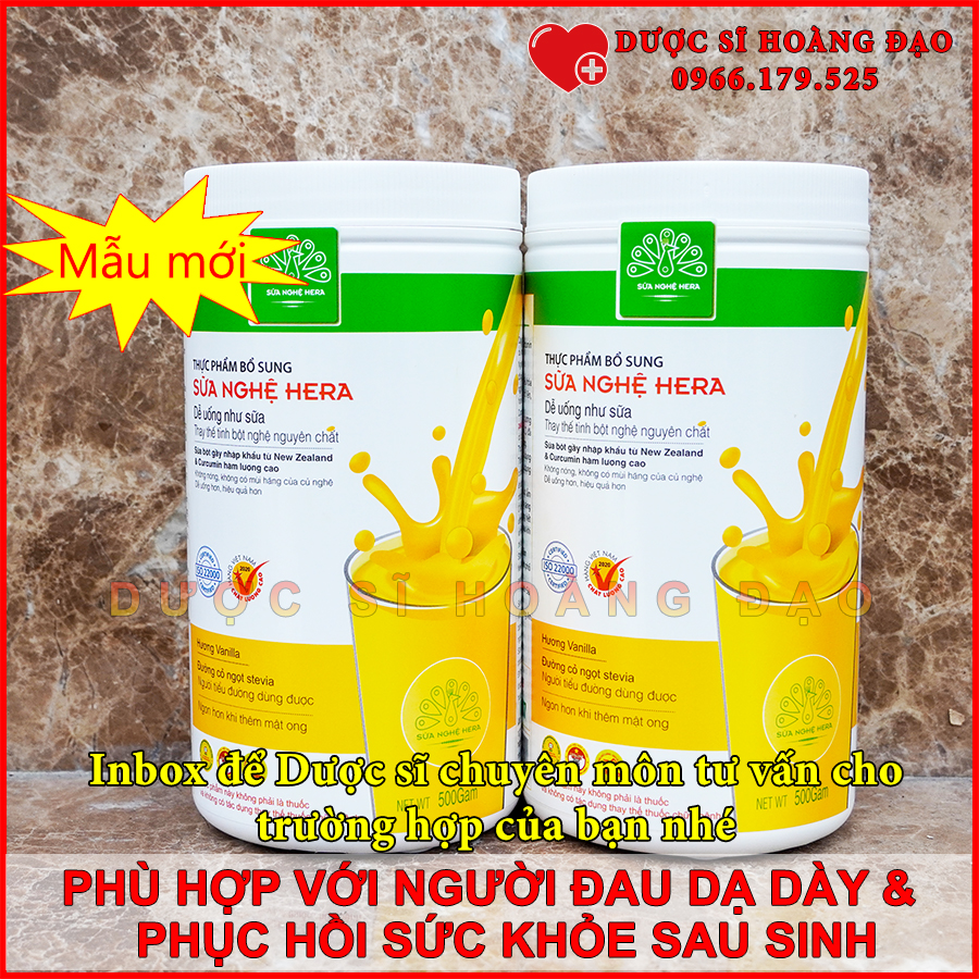 Liệu trình 2 hộp Sữa Nghệ Hera 500g [Chính Hãng-Mẫu mới] - HẾT ĐAU DẠ DÀY và giúp LỢI SỮA cho con bú [Tặng 1 hộp Sữa hỗ trợ giảm cân tiêu chuẩn châu Âu Hera Slimfit 100g và 1 Thước dây]