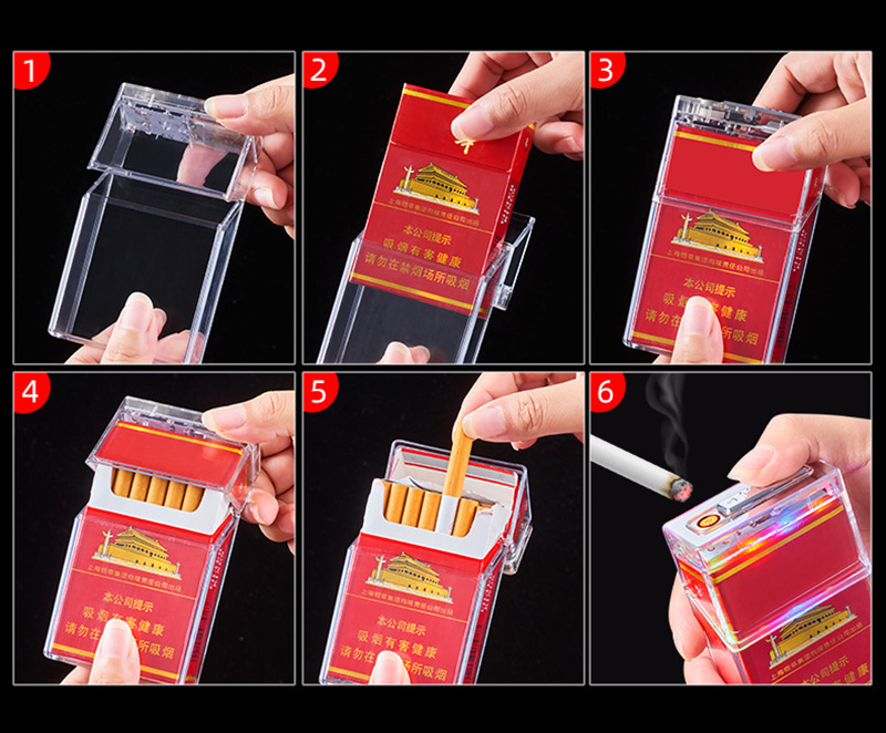 Bật Lửa Điện Kiêm Hộp Đựng Thuốc 20 Điếu Trong Suốt Nhiều Màu Có Đèn - Sạc Điện