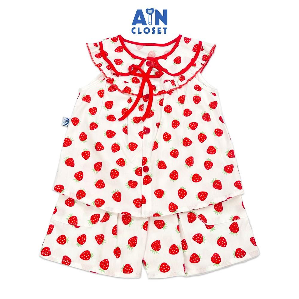 Bộ quần áo ngắn bé gái họa tiết Dâu Đỏ Nơ cotton - AICDBGMFXK0D - AIN Closet