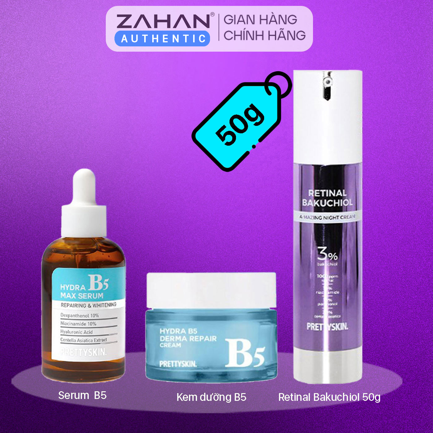 Combo Kem dưỡng Retinal Bakuchiol 50g, serum B5 50ml, kem dưỡng B5 Prettyskin 52ml