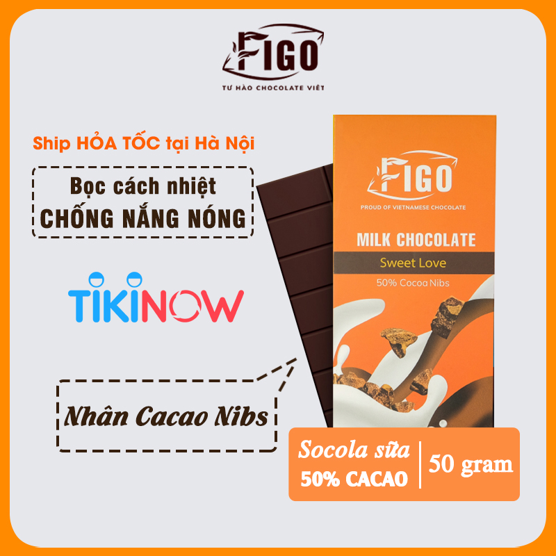 Combo 3 Thanh Kẹo Socola Milk Chocolate 50% Cacao Figo 50gr nhân hạt Điều, Hạnh Nhân, Sữa Dừa