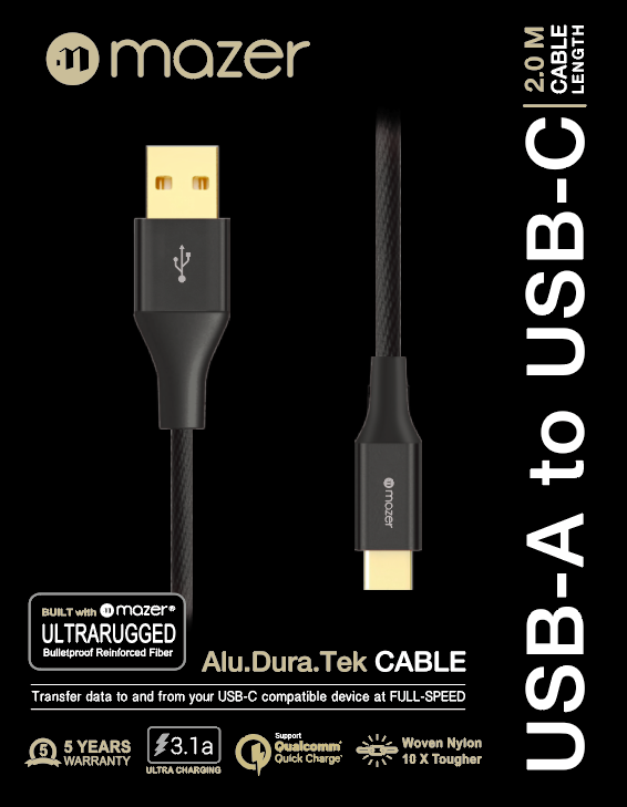 Dây Cáp Mazer ALU.DURA.TEK USB-A to USB-C Cable 3.1A (2m) - Hàng chính hãng