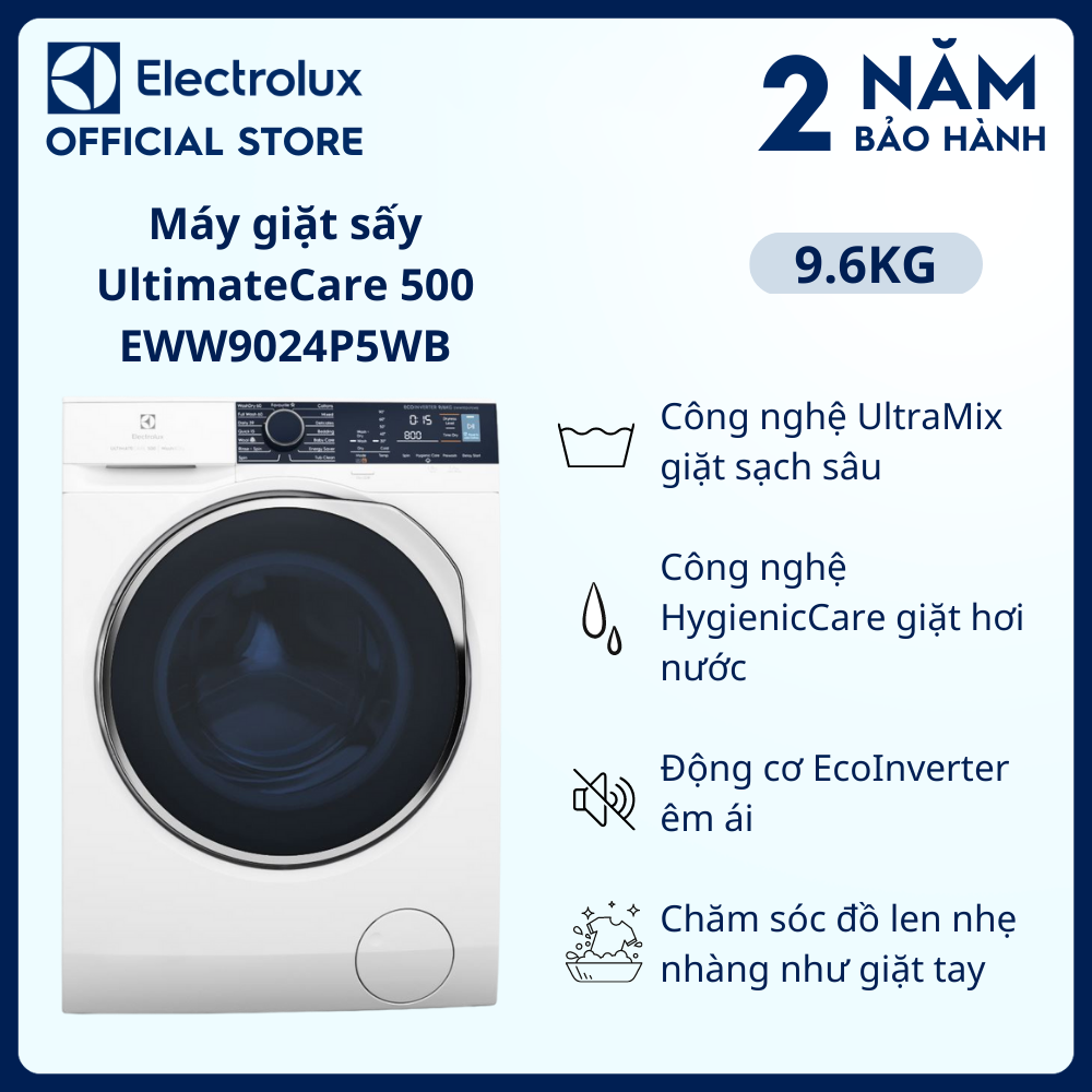 Máy giặt sấy Electrolux 9/6kg EWW9024P5WB - Diệt khuẩn tối ưu bằng hơi nước, không cặn giặt tẩy, tiết kiệm điện, êm dịu như giặt tay