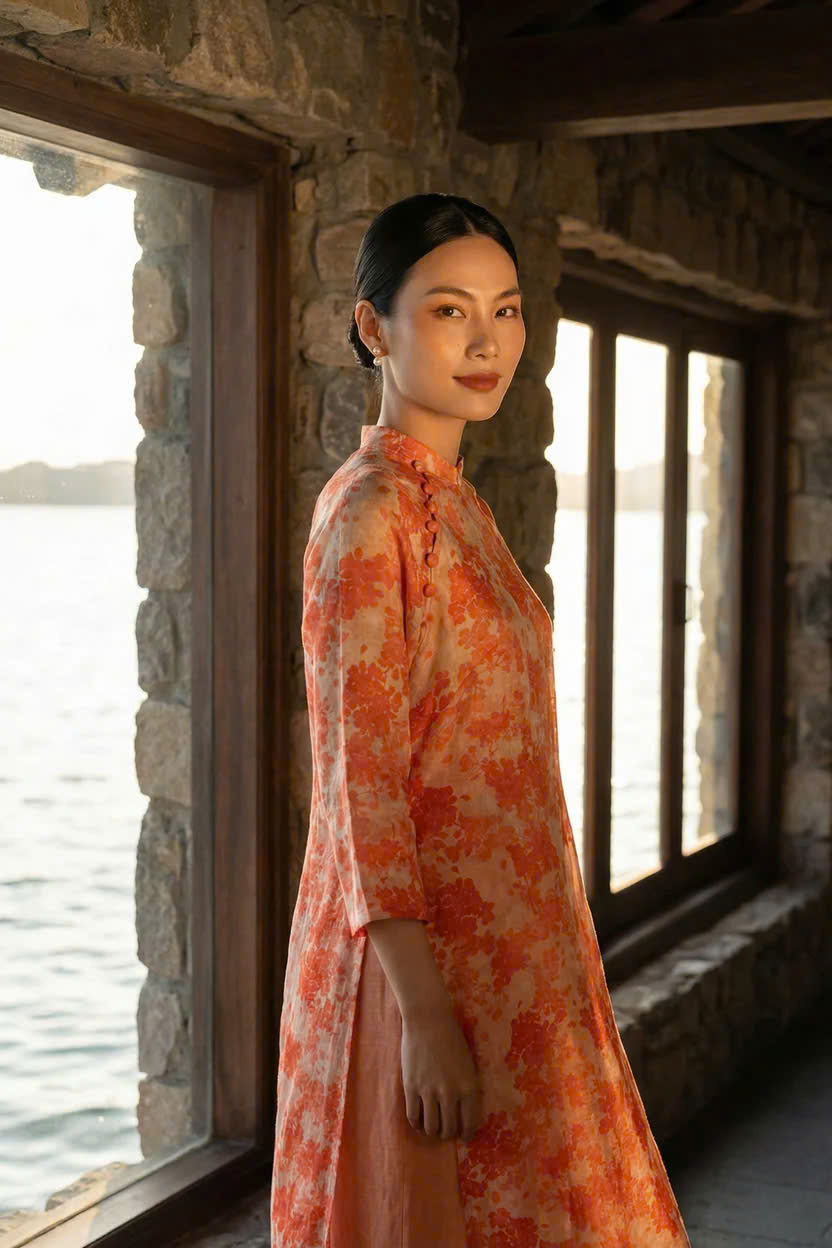 Áo Dài Suông Tay Raglan Vải Gai Xanh Ramie Hoa ADA001 thời trang thiết kế Hity