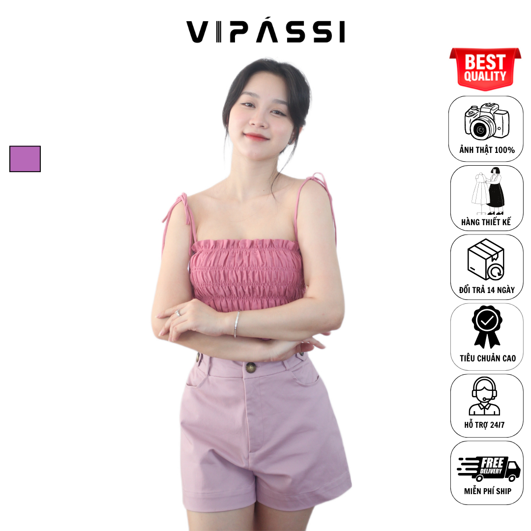 VIPÁSSI Áo Hai Dây Cotton Ôm Body Ngắn Ngang Eo Nhún Thun Smocking Hồng