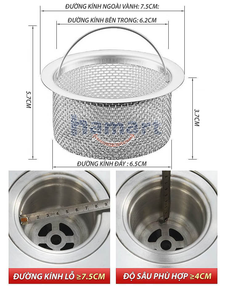 Giỏ Lọc Rác Bồn Rửa Bát INOX 304 Rổ Lọc Rác Chậu Rửa Chén Có Quai Xách Thoát Nước Nhanh Tiện Lợi