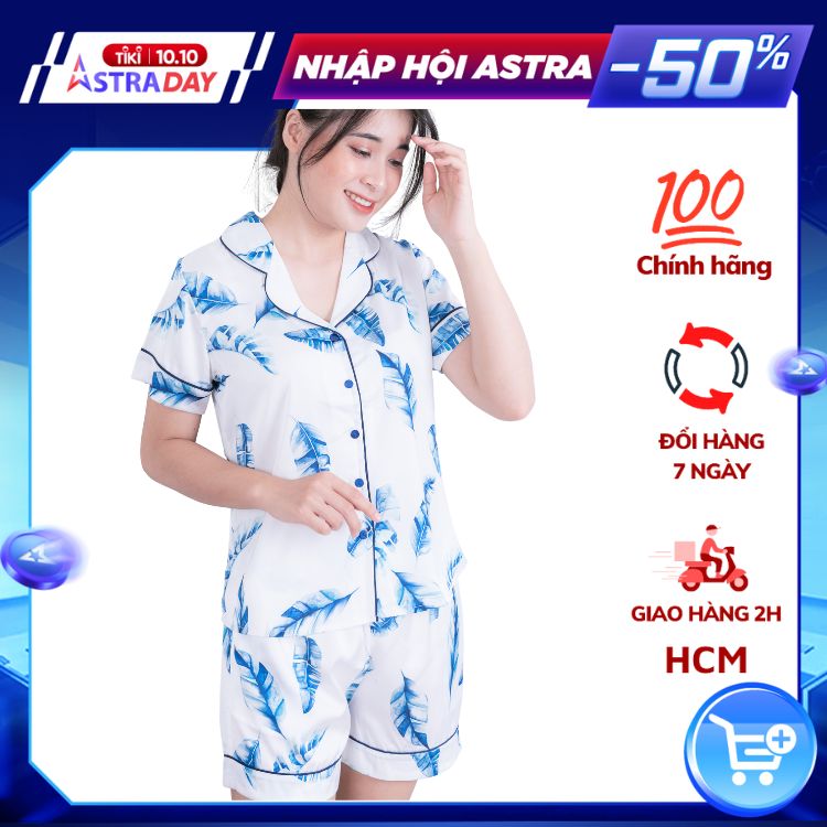 Bộ đồ Pyjama nữ, đồ mặc nhà VILADY - B106 kiểu quần đùi tay ngắn họa tiết lá xanh, chất liệu lụa Pháp (lụa latin) cao cấp