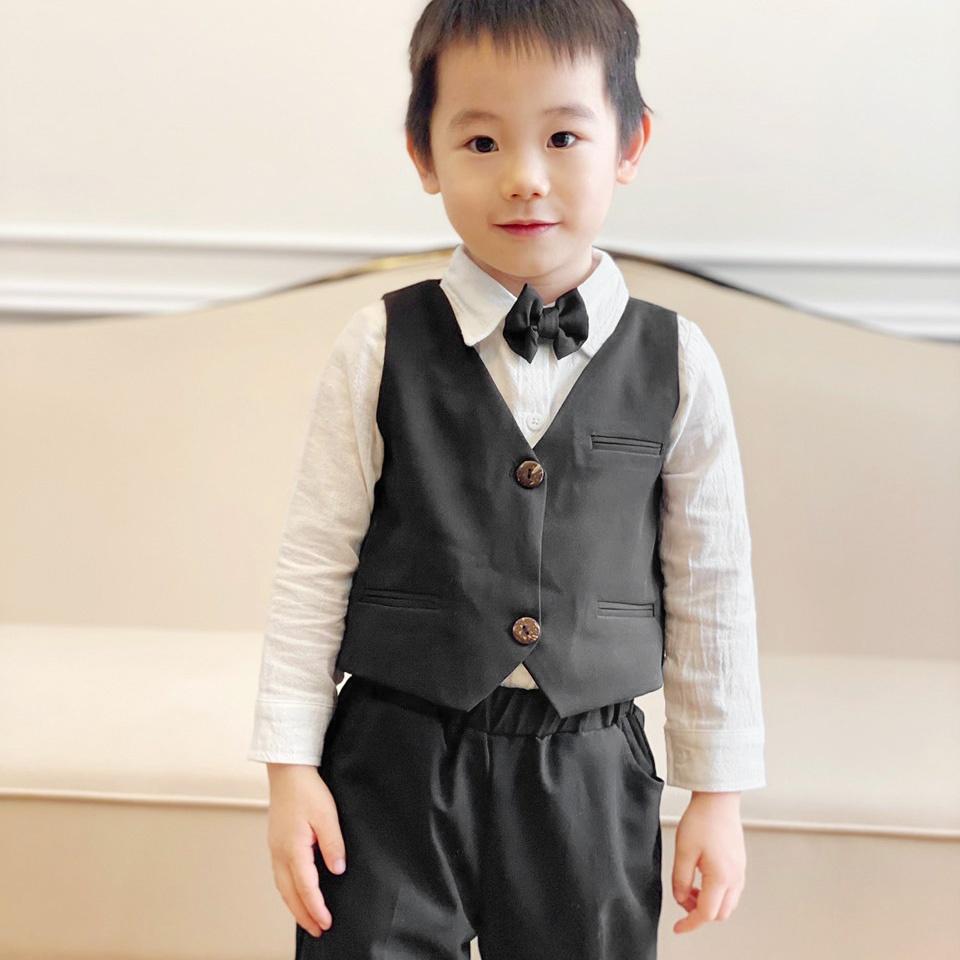 Set Gile 4 chi tiết đồ vest cho bé trai màu đen trắng MamLa