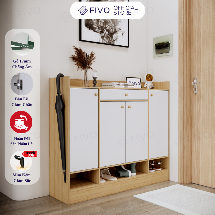 Tủ Kệ Giày Gỗ Chống Ẩm Cao Cấp FIVO FS52 Có Cửa, Ngăn Chứa Trong Tủ Lớn, Mặt Tủ Rộng Rãi, Kèm Hộc Tủ Ngang Giúp Đựng Vật Dụng Thường Dùng - Ngang 120cm