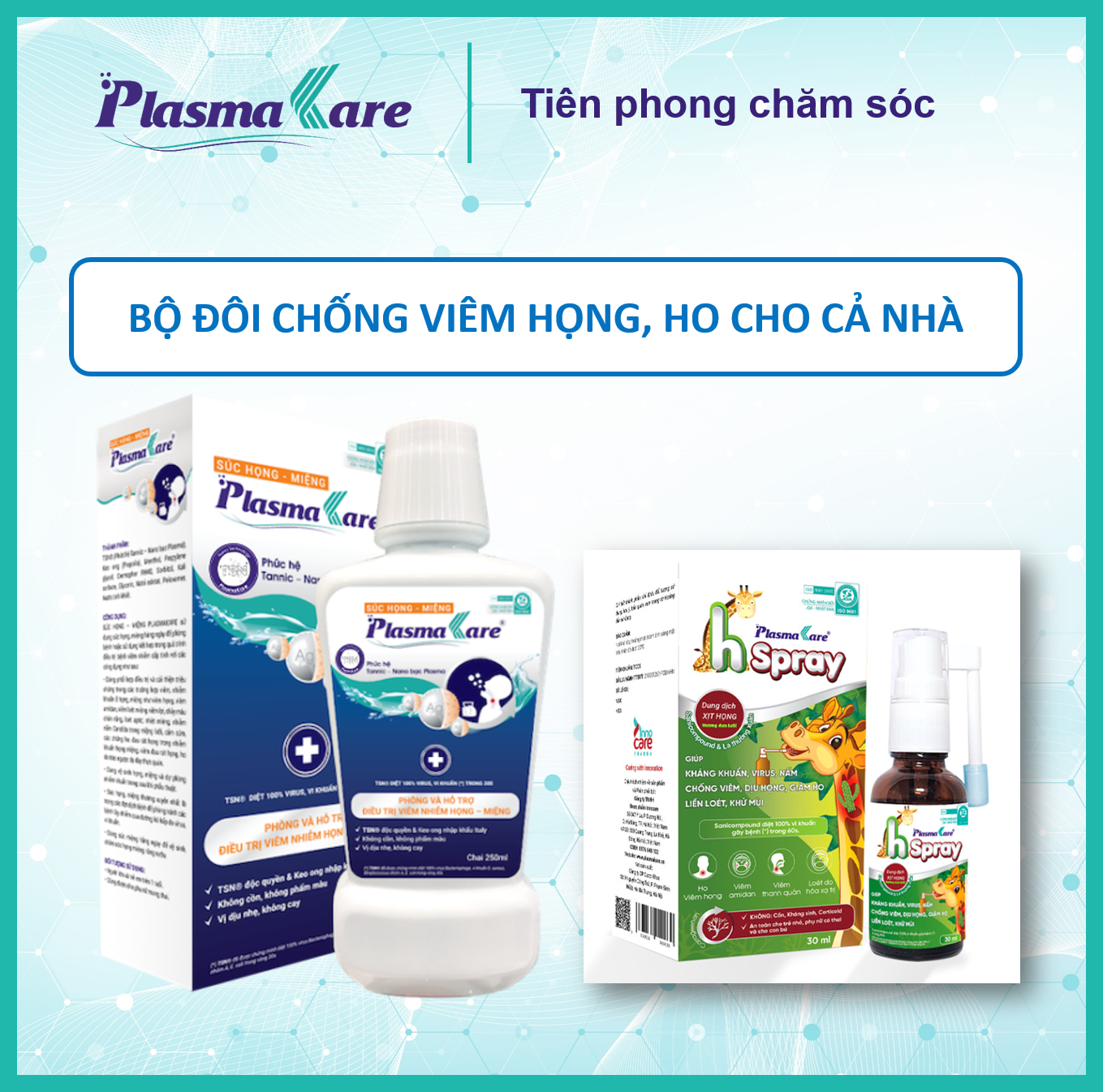 Combo 01 nước súc miệng họng nano bạc PlasmaKare và 01 xịt họng PlasmaKare Hspray hết ho, đau rát họng, VlÊM họng