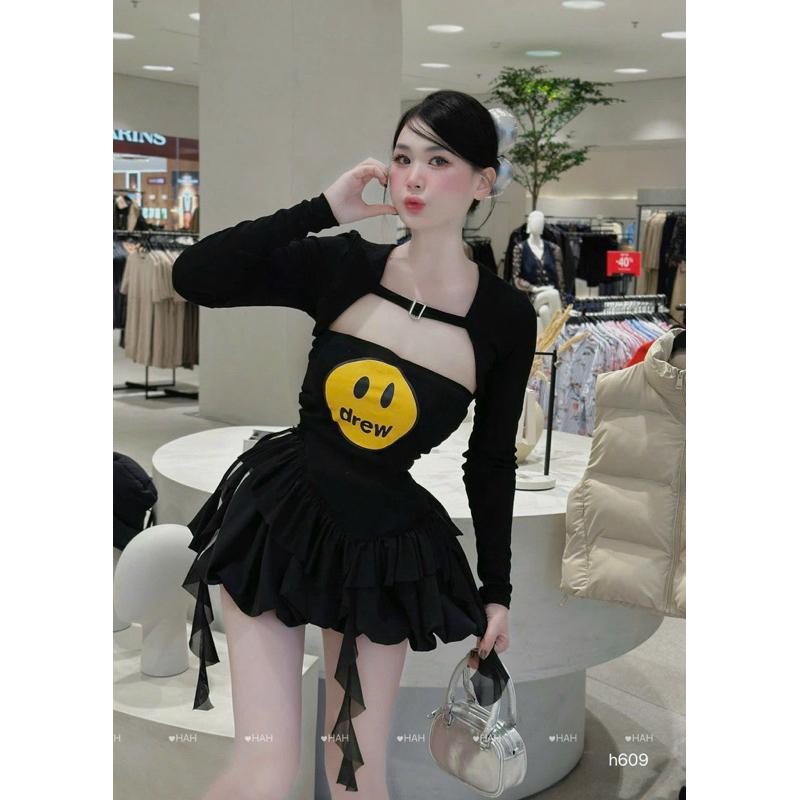 Set váy 3 món drew mặt cười xinh yêu BY JOLIE - Ghi, Ghi