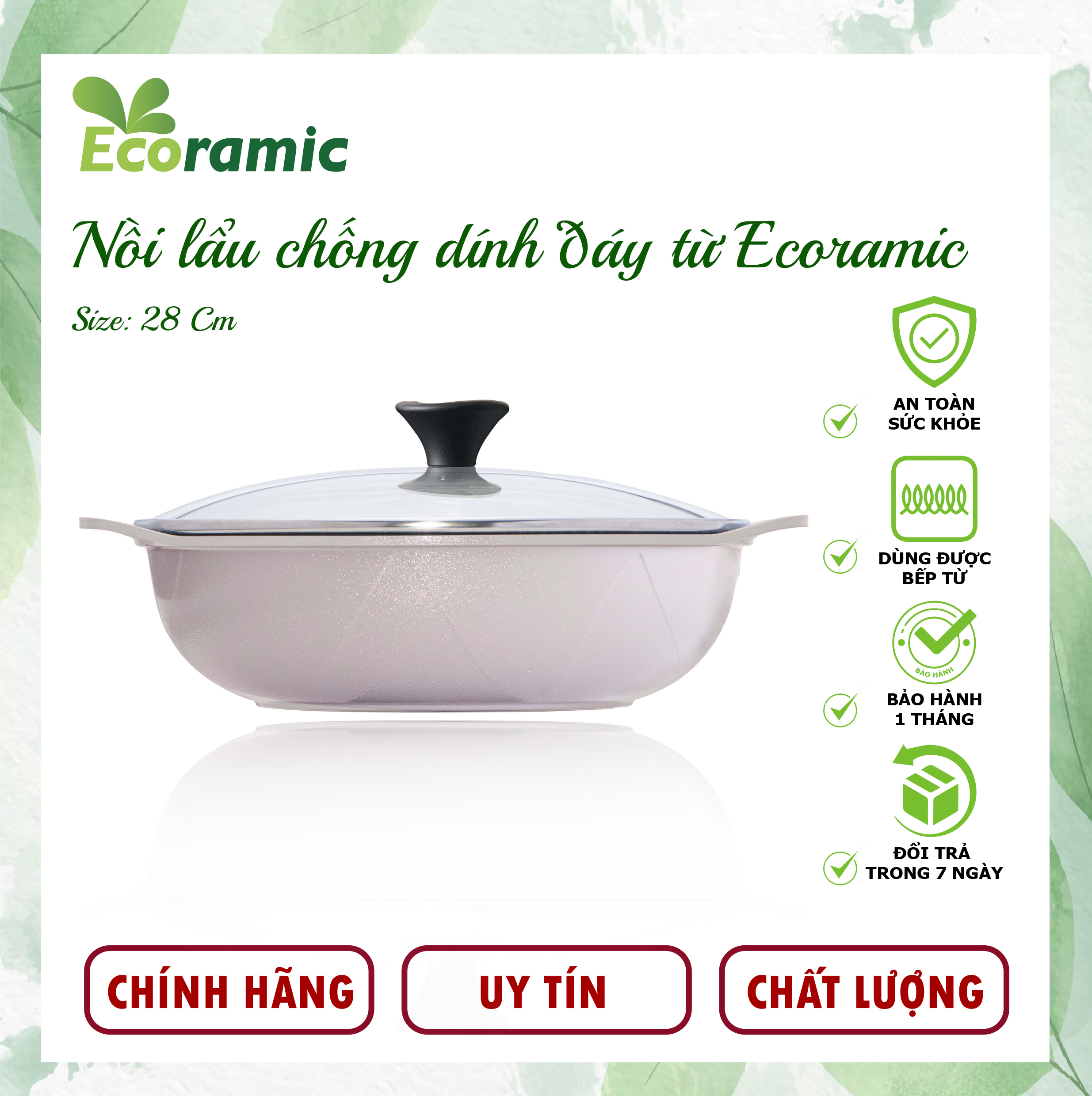 Nồi Lẩu Chống Dính Ecoramic Vân Đá Từ Chính Hãng Cao Cấp, Nồi lẩu siêu bền size 28cm, Dùng cho mọi loại bếp, Bảo hành chính hãng 2 tháng