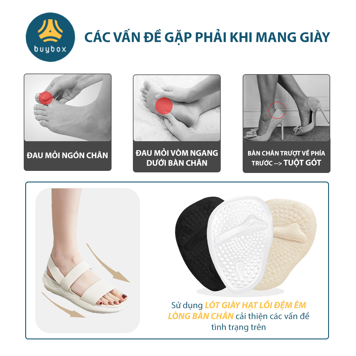 Lót giày cao gót, giày lười, sandal chống trượt chân về phía trước, giúp êm nửa bàn chân trước, có keo dán cố định - Buybox - BBPK226