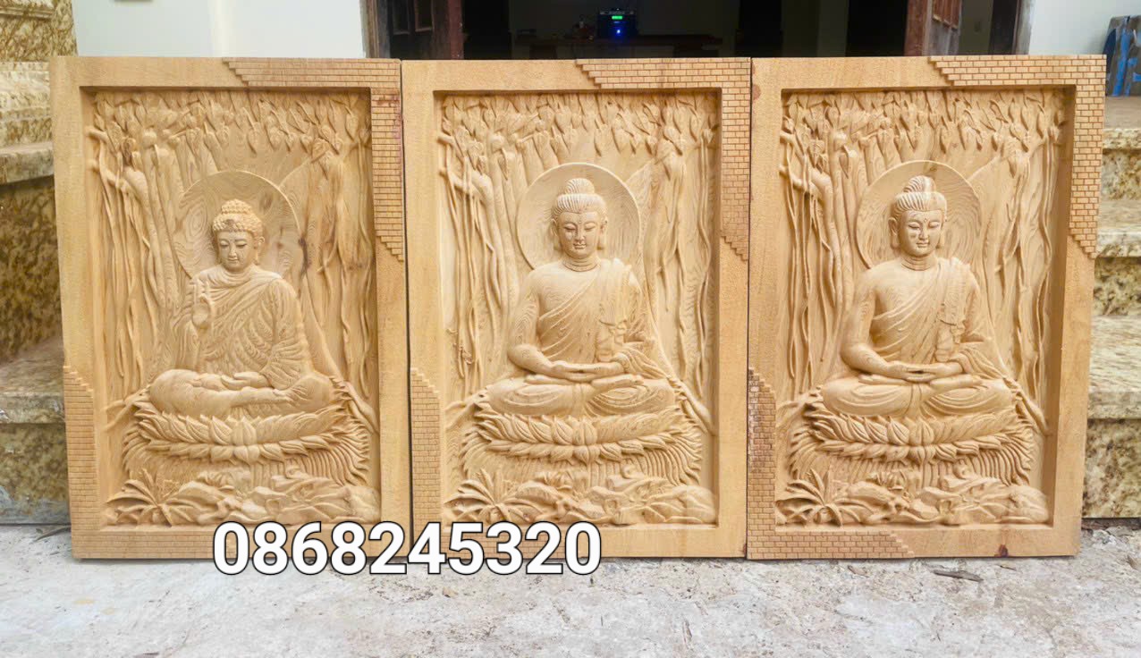Tranh phật thích ca và phật adi đà bằng gỗ ngọc am thơm nức kt 44×65×4.5cm