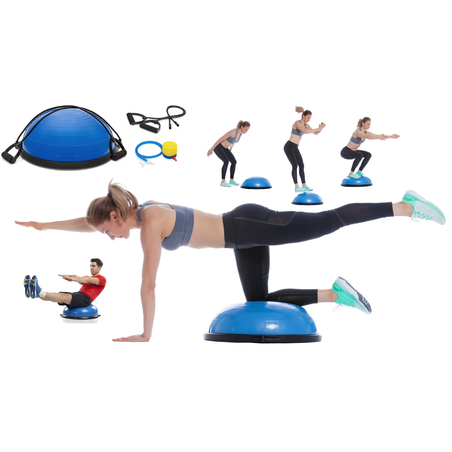 BG Bóng tập YOGA bóng thăng bằng BLUE tặng bơm bóng,Bosu Bóng Tập Cân Bằng Bosu tập thể dục,Bóng đẹp Yoga Tại Nhà Cao Cấp Tặng 2 Dây Kéo Tay Và Bơm Bóng ( hàng nhập khẩu)