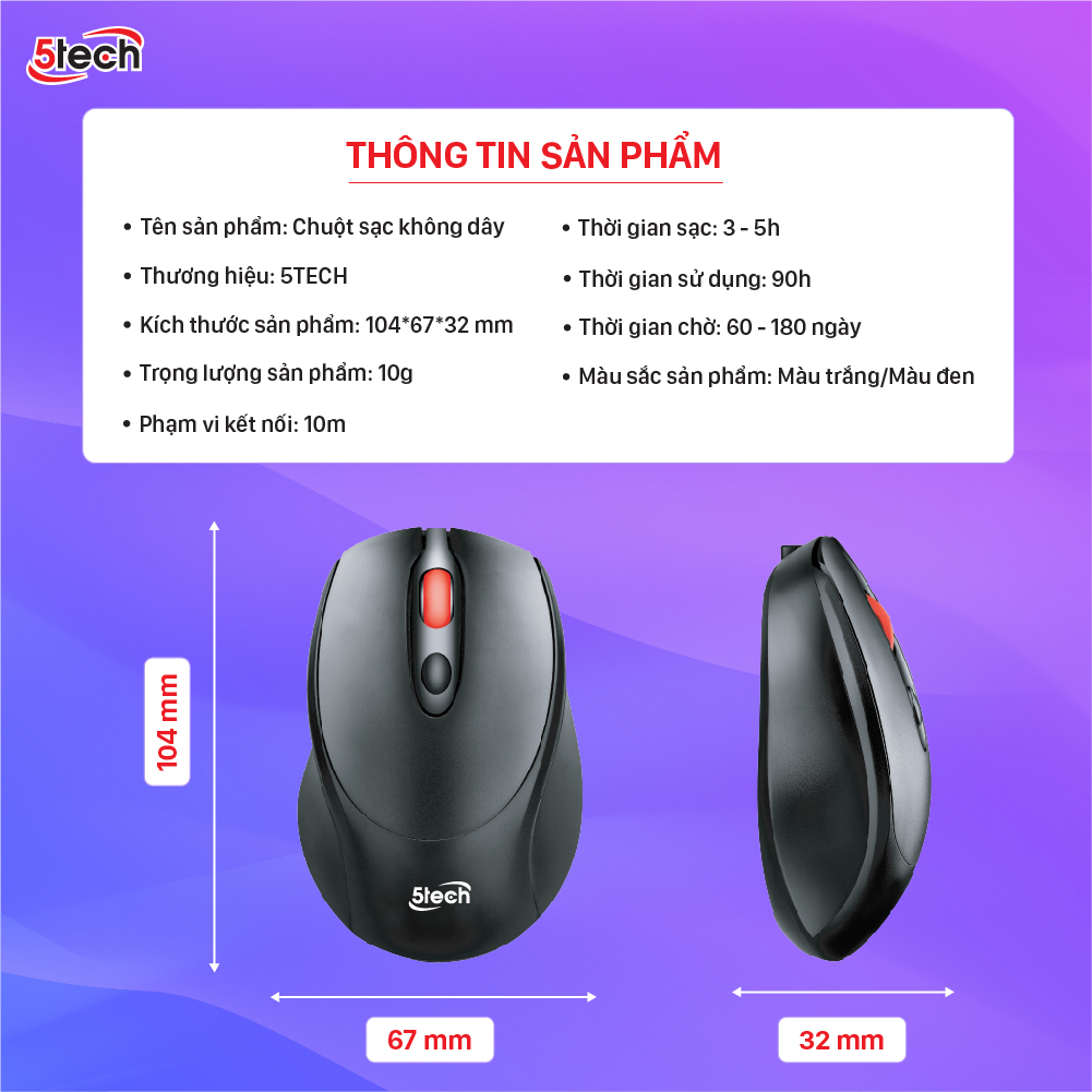 Chuột không dây 5TECH, chuột gaming wireless 2.4Ghz chuột quang sạc pin siêu nhạy cho máy tính, laptop,chất liệu nhựa ABS cao cấp hàng chính hãng