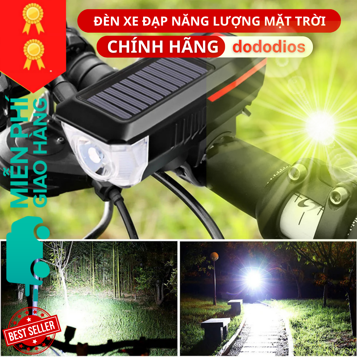 [TẶNG Dầu Tra Xích] Đèn xe đạp năng lượng mặt trời có còi chống nước 3 chế độ sáng - Hàng chính hãng dododios