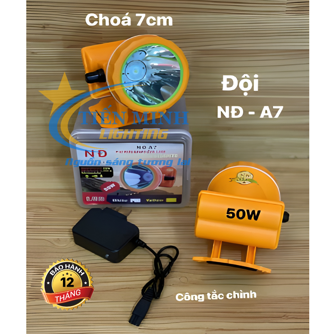 ĐÈN ĐỘI ĐẦU NĐ-A7, CÔNG SUẤT 50W, CHIP LED SIÊU SÁNG, NÚT CHÌNH, CHÓA 7CM, TẦM CHIẾU XA 1000M, ÁNH SÁNG TRẮNG HOẶC VÀNG