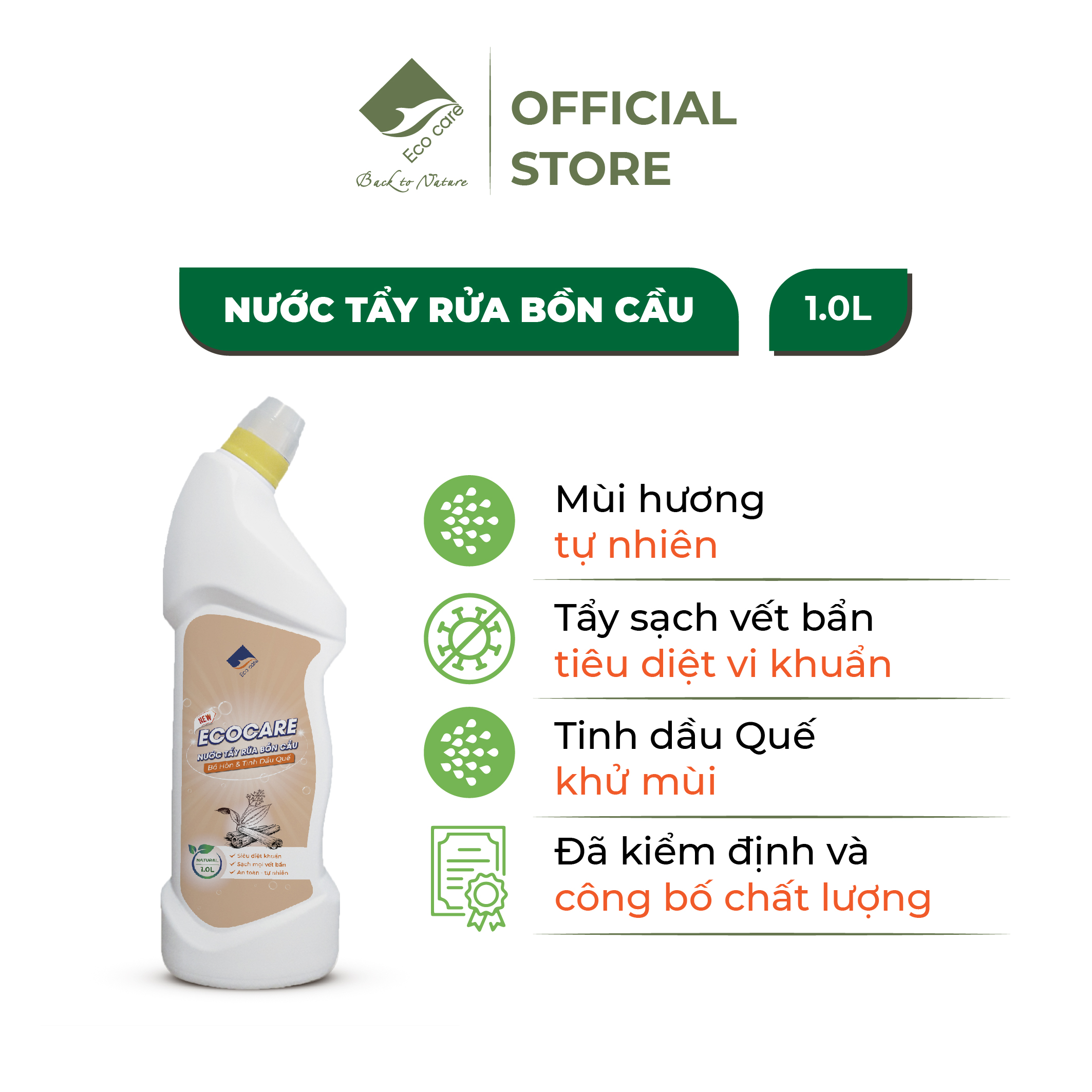 Nước tẩy rửa bồn cầu hữu cơ Ecocare 1L làm sạch, diệt khuẩn, khử mùi hiệu quả với tinh dầu Sả chanh/Quế