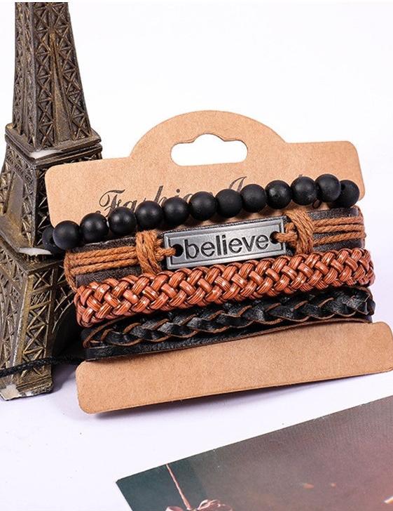 Set 4 vòng tay Handmade cá tính Nam Nữ, Kích thước 18 - 22 cm, Chất Liệu da phối Vải Canvas, Phù hợp các bạn trẻ năng động, cá tính