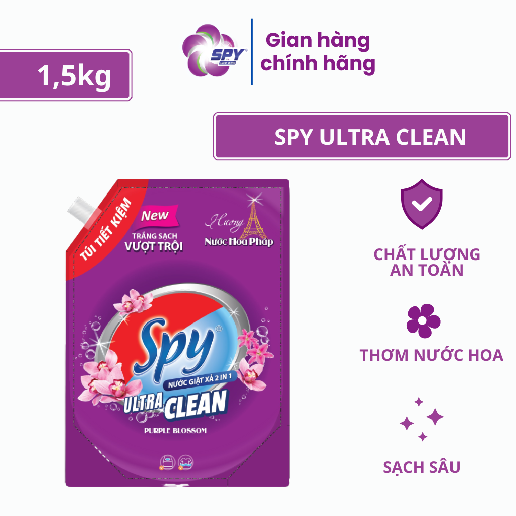 Nước giặt xả SPY Ultra Clean 1,5 kg 2 trong 1 hương nước hoa Pháp trắng sạch, thơm lâu