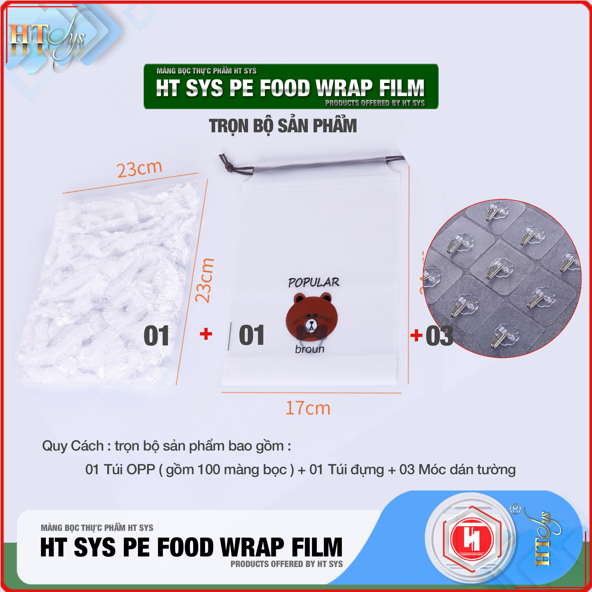 Màng Bọc Thực Phẩm HT SYS PE FOOD WRAP FILM - Chất Liệu PE Cao Cấp - Có Chun Co Giãn - Tái Sử Dụng Nhiều Lần - An Toàn Vệ Sinh - Gói 100 Chiếc Tặng Kèm Túi Đựng Và Móc Dán Đa Năng