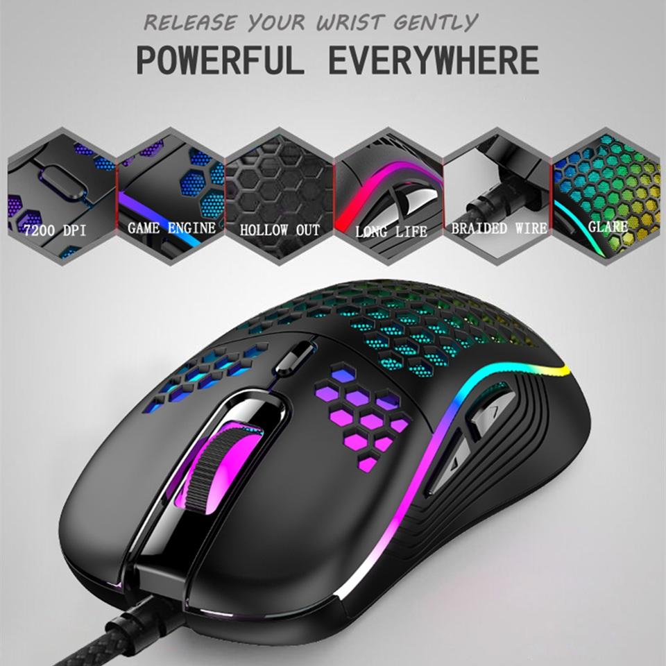 USB Có Dây Nhẹ Chuột Chơi Game RGB Backlit Chuột Với 6 Nút 7200DPI Tổ Ong Vỏ Chuột Cho Máy Tính, Laptop
