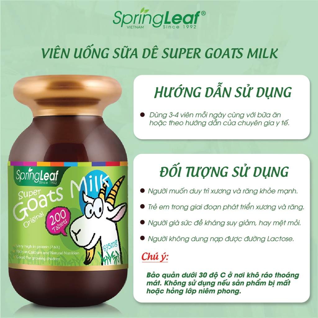 Viên nhai sữa dê cung cấp canxi, thích hợp cho người không dung nạp lactose SpringLeaf Super Goat Milk 200 viên