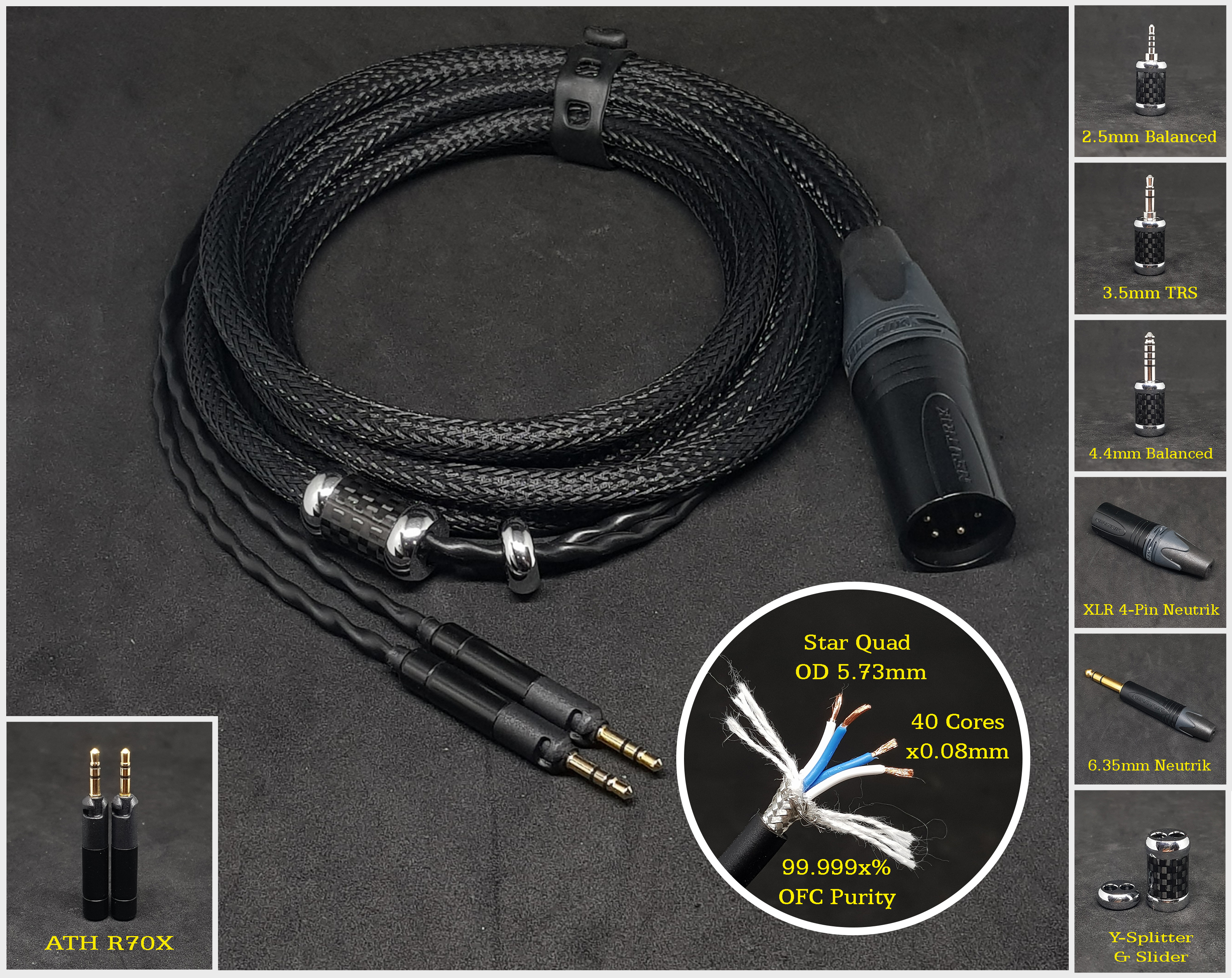Dây tai nghe bọc chống nhiễu - Dùng cho tai nghe Audio Technica ATH-R70x