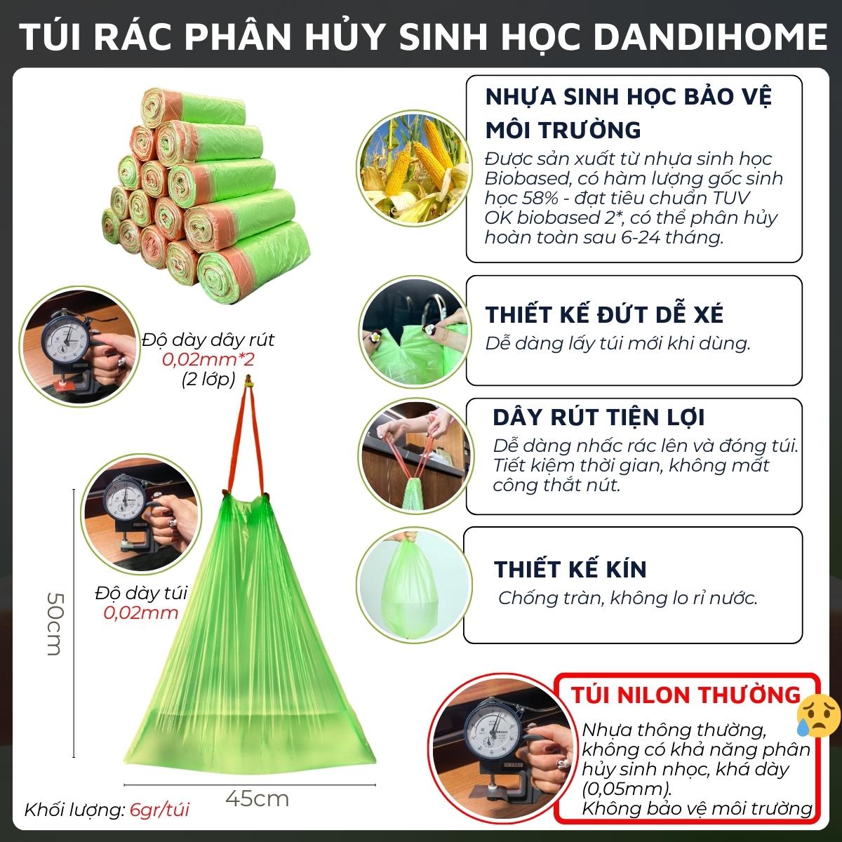 Túi rác, túi đựng rác tự hủy sinh học DandiHome có dây rút, túi rác không gây hại cho môi trường