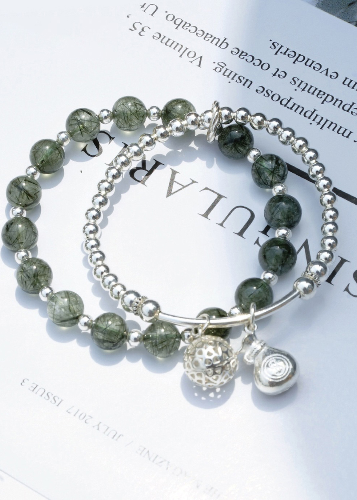 Vòng 2 line đá thạch anh tóc xanh phối charm túi tiền mệnh hỏa, mộc - Ngọc Quý Gemstones