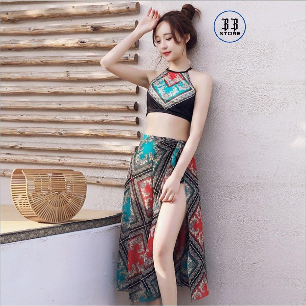 Đồ bơi nữ, bikini đi biển set 3 món họa tiết thổ cẩm Loại 1