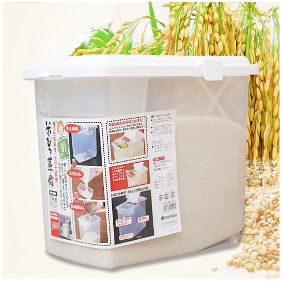 Combo 01 Thùng đựng gạo Inomata cao cấp 10kg + 01 Muôi xới cơm Ion bạc kháng khuẩn, chống dính Nakaya - Made in Japan
