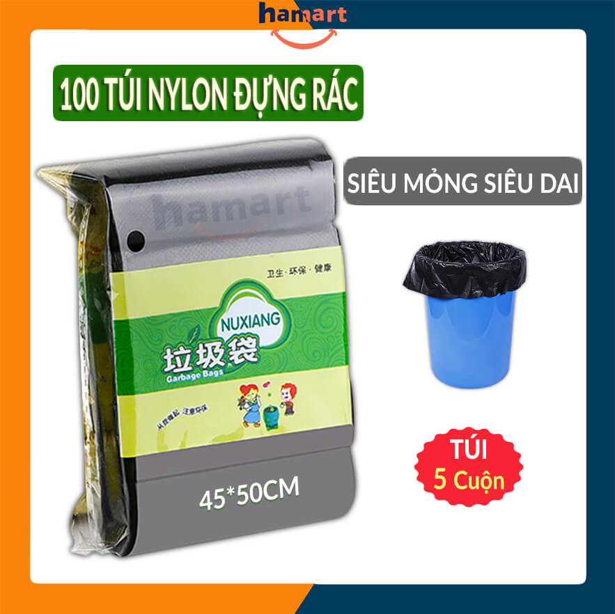 100 Túi Đựng Rác Văn Phòng Nylon Đen 5 Cuộn 150gr Túi Đựng Rác Tự Hủy Sinh Học 45x50CM Siêu Dai