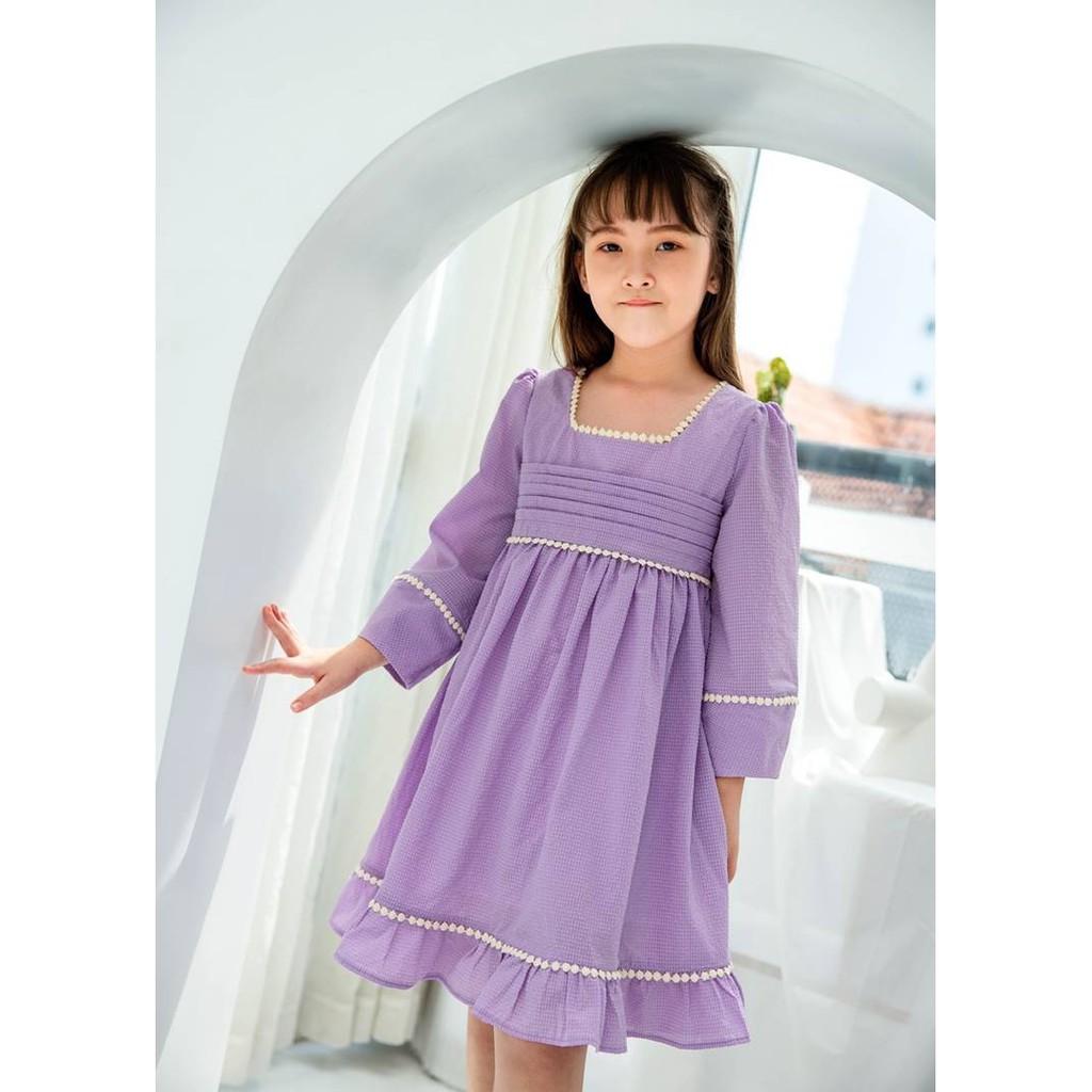 Váy bé gái BYZU, chất cotton mềm mại, cổ vuông tay bồng màu tím pastel