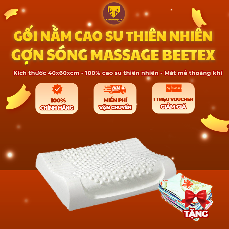 Gối cao su thiên nhiên Massage lượn sóng BEETEX ,thiết kế lượn sóng mang lại cảm giác thư giãn tối đa, hỗ trợ nâng đỡ vai gáy và cổ - Tặng kèm vỏ gối