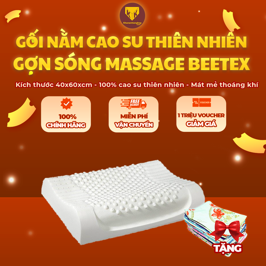 Gối cao su thiên nhiên Massage lượn sóng BEETEX ,thiết kế lượn sóng mang lại cảm giác thư giãn tối đa, hỗ trợ nâng đỡ vai gáy và cổ - Tặng kèm vỏ gối [Chính hãng - Cao Cấp]