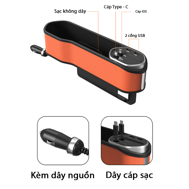 Sạc điện thoại không dây trên xe hơi kiêm Khay để đồ khe ghế ô tô cao cấp - K1701